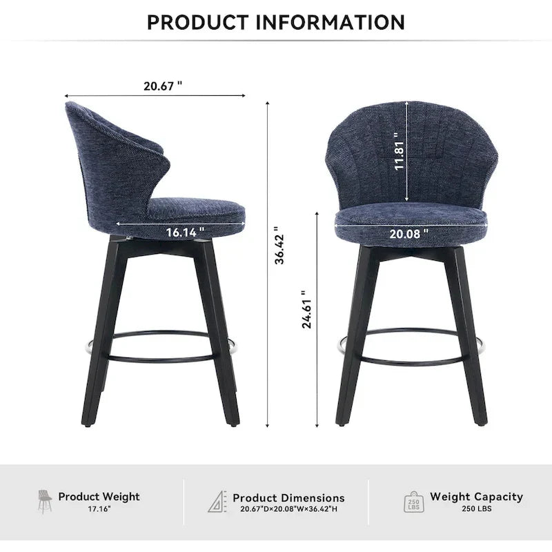 Swivel Bar Stools Set of 2, Upholstered Dining Room Chairs with Wide Backrest, Counter Height Chair with Metal Legs