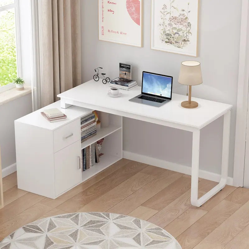 White Reversible L Shape Desk Rotating Desk Working Desk Computer