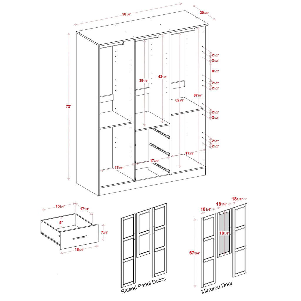 Palace Imports 100% Solid Wood Cosmo 3-Door Wardrobe Armoire with Solid Wood or Mirrored Doors