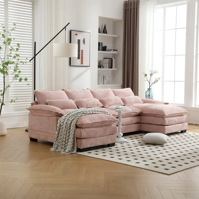 Sectional Sofa Cloud Couch for Living Room, Modern Chenille/Boucle U Shaped Couch, Comfy Modular Sofa Sleeper with Double Chaise