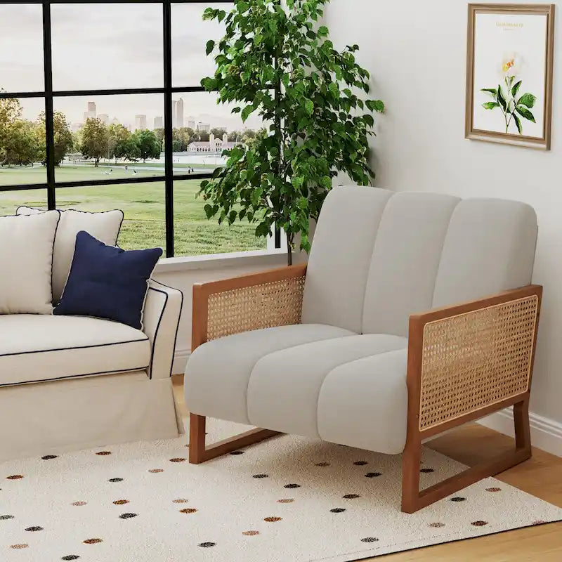 Rattan Accent Chairs, Upholstered Natural Rattan Chair Mid Century Modern Linen Armchair Side Chairs for Living Room Bedroom
