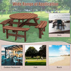 8-Person Outdoor Patio Fir Wood Round Picnic Dining Set with 4 Built-in Benches and Umbrella Hole