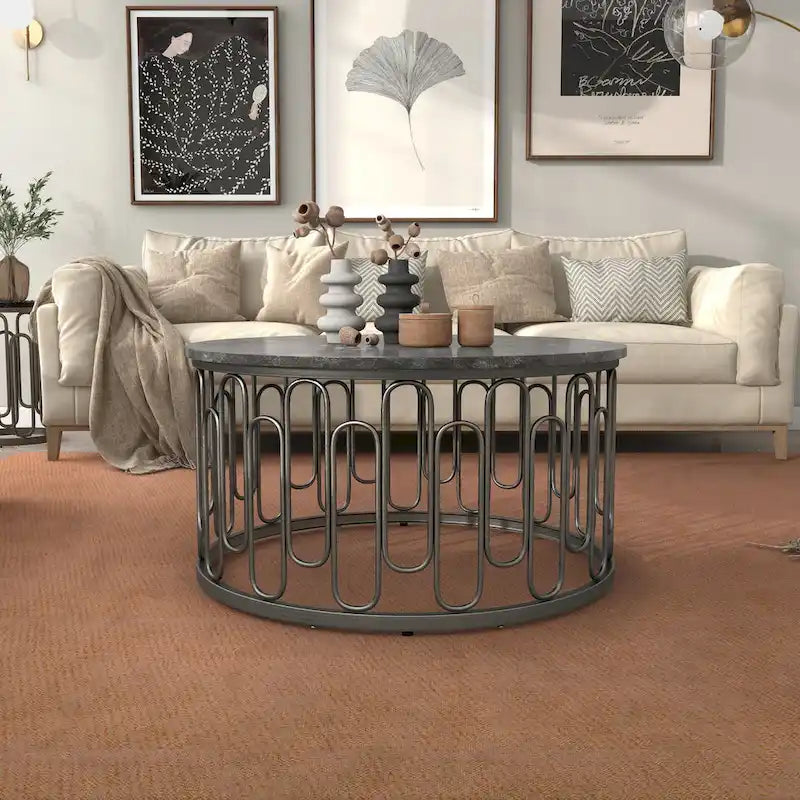 Lars Modern Round Coffee Table with Marble Top, Metal Legs, Sturdy Decorative Metal Base by Furniture of America