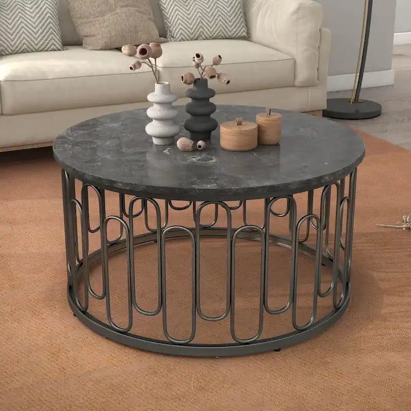 Lars Modern Round Coffee Table with Marble Top, Metal Legs, Sturdy Decorative Metal Base by Furniture of America