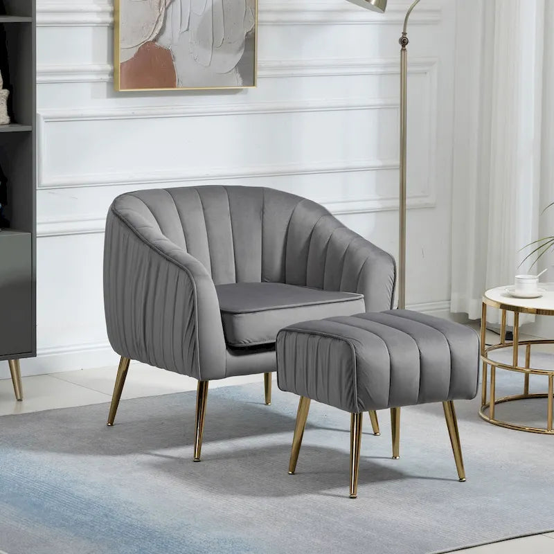 Velvet Tufted Accent Chair with Ottoman - 28.94 x 28.94 x 28.94
