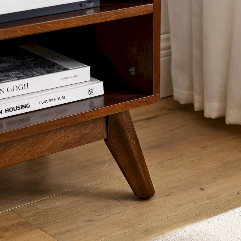 Walnut Color Wood TV Stand Mid-century Modern Rattan Sliding Doors - 15.75 x 59.00 x 19.63