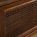 Walnut Color Wood TV Stand Mid-century Modern Rattan Sliding Doors - 15.75 x 59.00 x 19.63