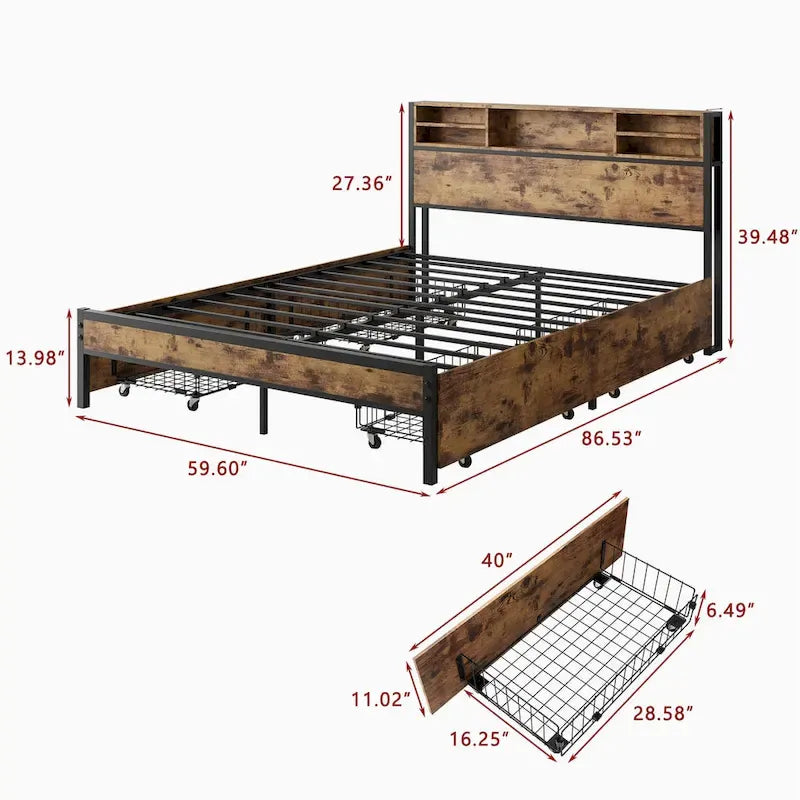 Queen Size Panel Bed with Storage Headboard Drawers