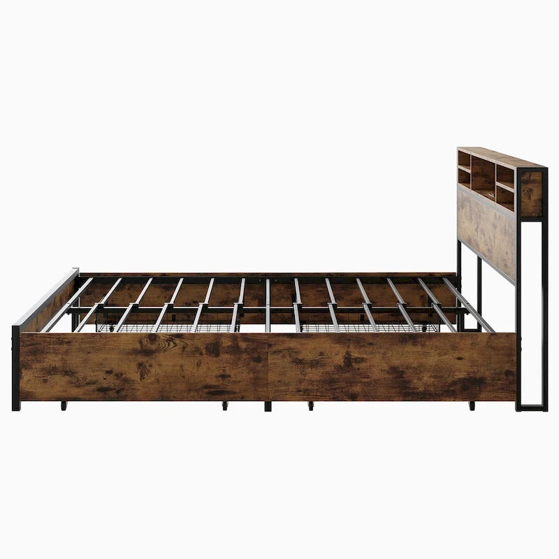 Queen Size Panel Bed with Storage Headboard Drawers