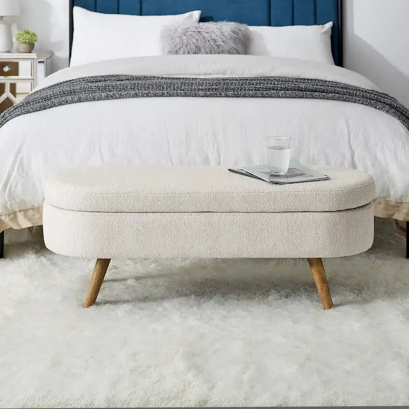 Ottoman Oval Storage Bench,Rubber Wood Legs, Beige