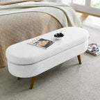 Ottoman Oval Storage Bench,Rubber Wood Legs, Beige