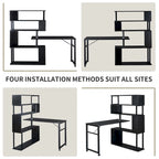 Home Office Computer Desk L-Shaped Corner Table, Rotating Computer Table with 5-Tier Bookshelf