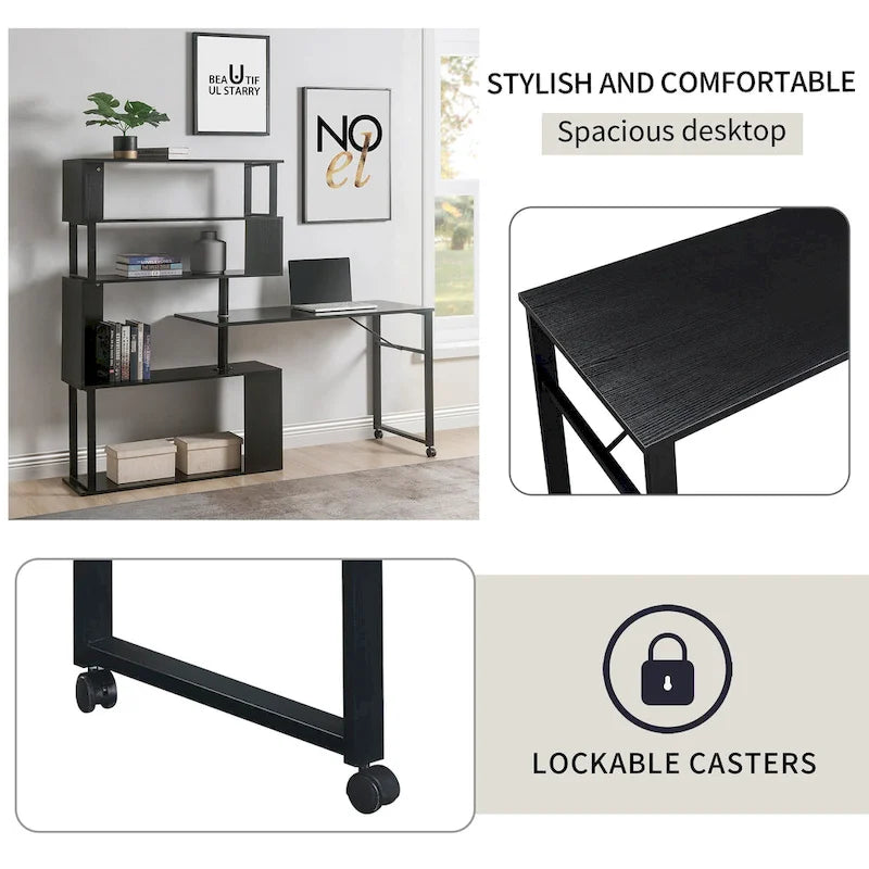Home Office Computer Desk L-Shaped Corner Table, Rotating Computer Table with 5-Tier Bookshelf