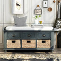 Rustic Storage Bench with 3 Drawers and 3 Rattan Baskets