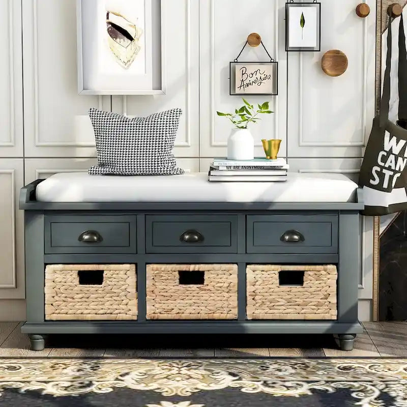 Rustic Storage Bench with 3 Drawers and 3 Rattan Baskets