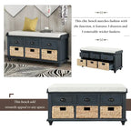 Rustic Storage Bench with 3 Drawers and 3 Rattan Baskets
