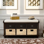 Rustic Storage Bench with 3 Drawers and 3 Rattan Baskets