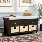 Rustic Storage Bench with 3 Drawers and 3 Rattan Baskets