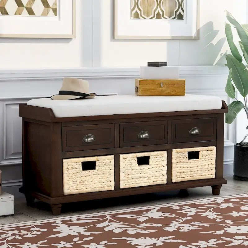Rustic Storage Bench with 3 Drawers and 3 Rattan Baskets