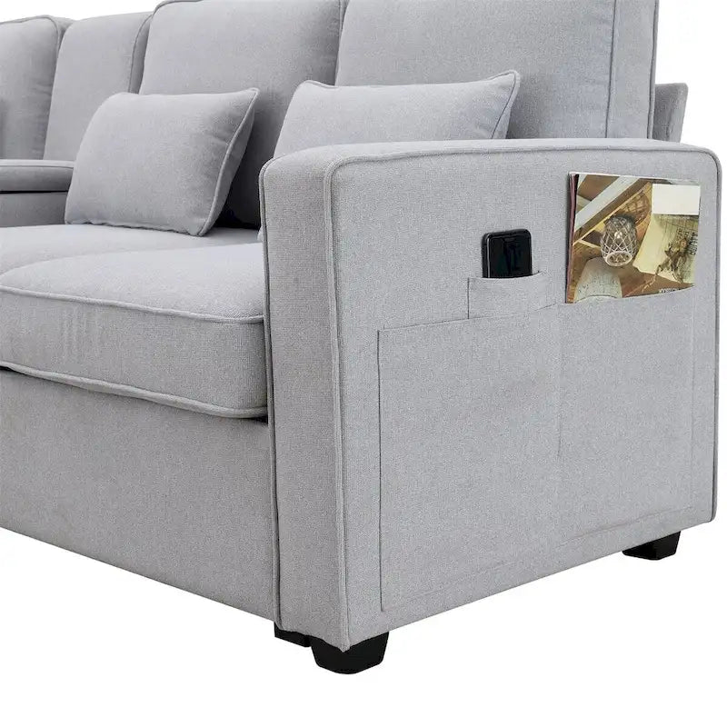 Merax 104  4-Seater Modern Linen Fabric Sofa with Armrest Pockets and 4 Pillows,Minimalist Style Couch