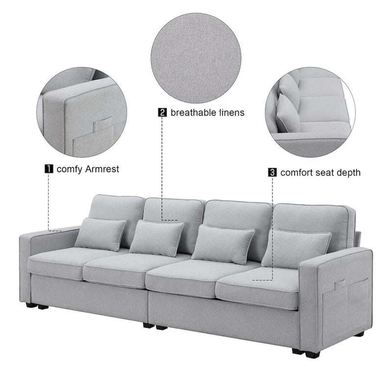 Merax 104  4-Seater Modern Linen Fabric Sofa with Armrest Pockets and 4 Pillows,Minimalist Style Couch