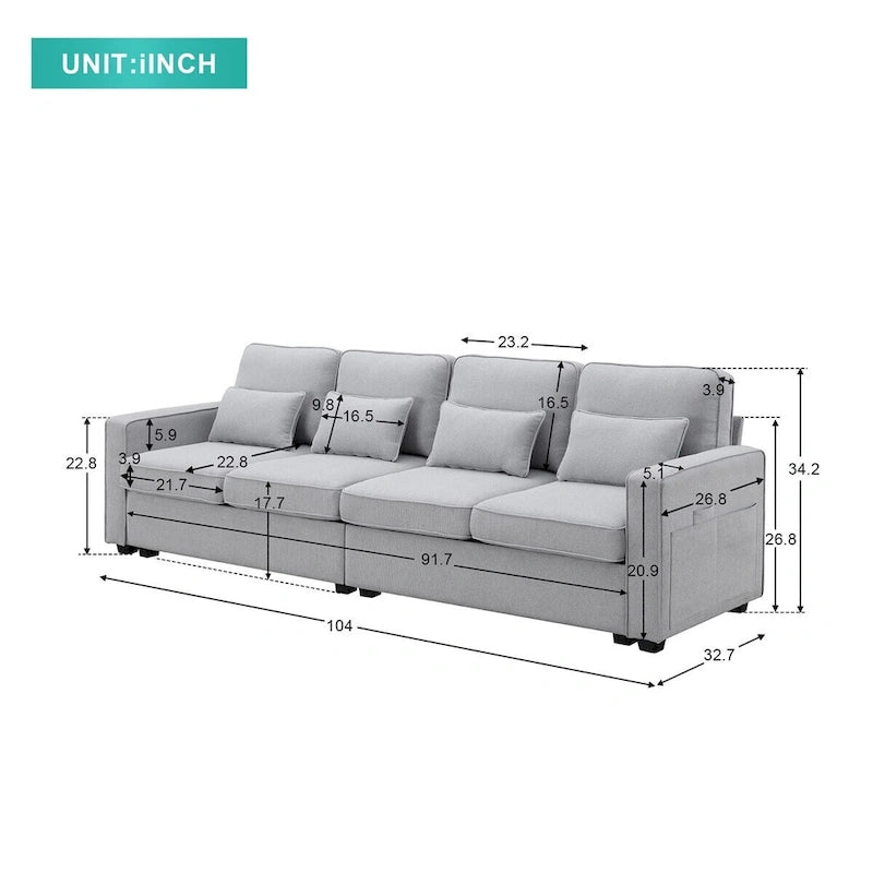 Merax 104  4-Seater Modern Linen Fabric Sofa with Armrest Pockets and 4 Pillows,Minimalist Style Couch