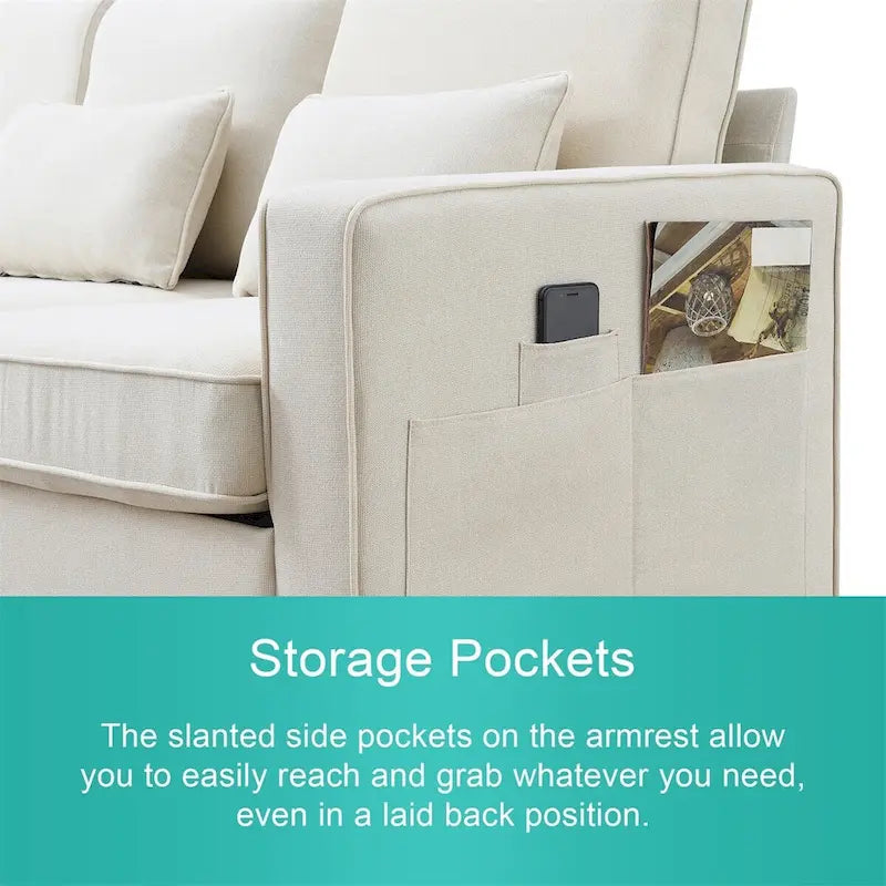 Merax 104  4-Seater Modern Linen Fabric Sofa with Armrest Pockets and 4 Pillows,Minimalist Style Couch