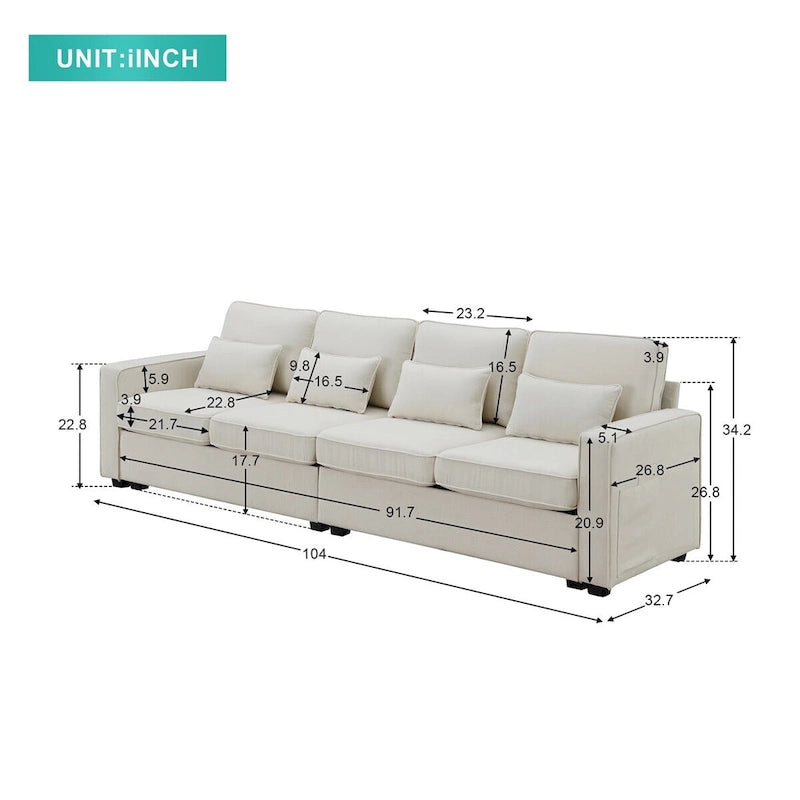 Merax 104  4-Seater Modern Linen Fabric Sofa with Armrest Pockets and 4 Pillows,Minimalist Style Couch