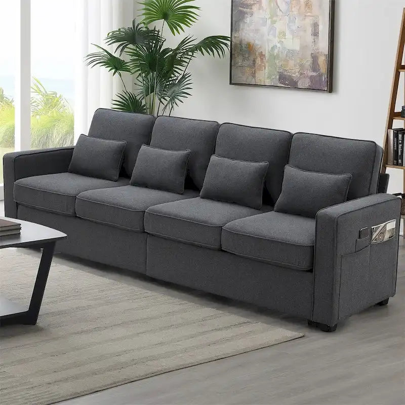Merax 104  4-Seater Modern Linen Fabric Sofa with Armrest Pockets and 4 Pillows,Minimalist Style Couch