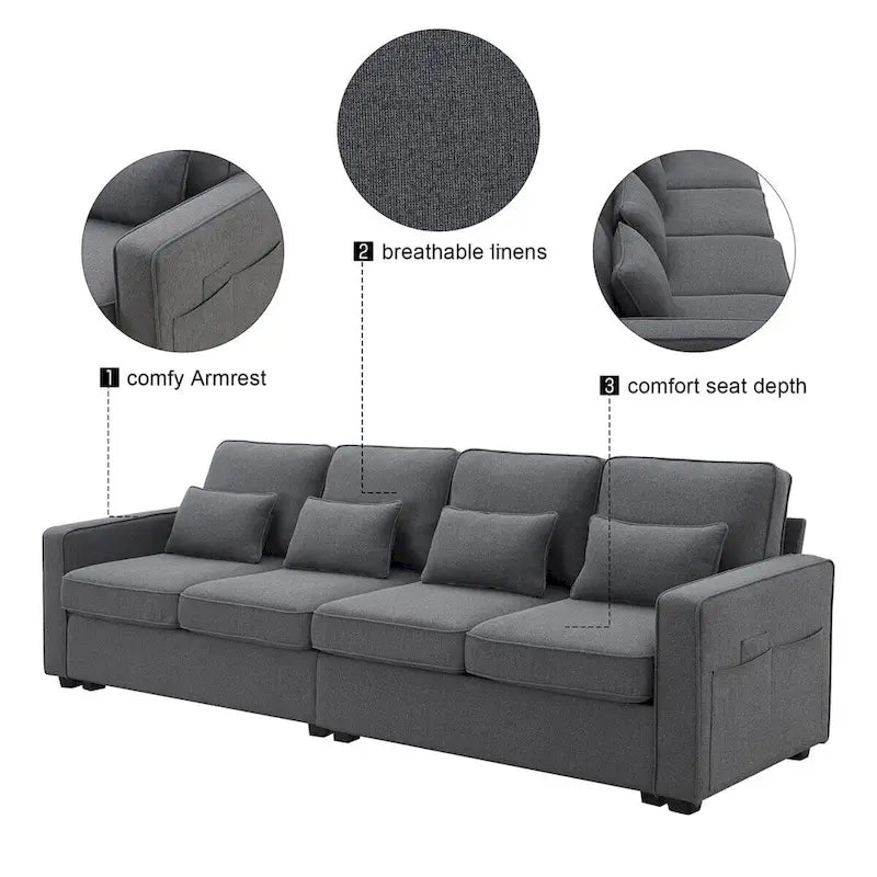 Merax 104  4-Seater Modern Linen Fabric Sofa with Armrest Pockets and 4 Pillows,Minimalist Style Couch
