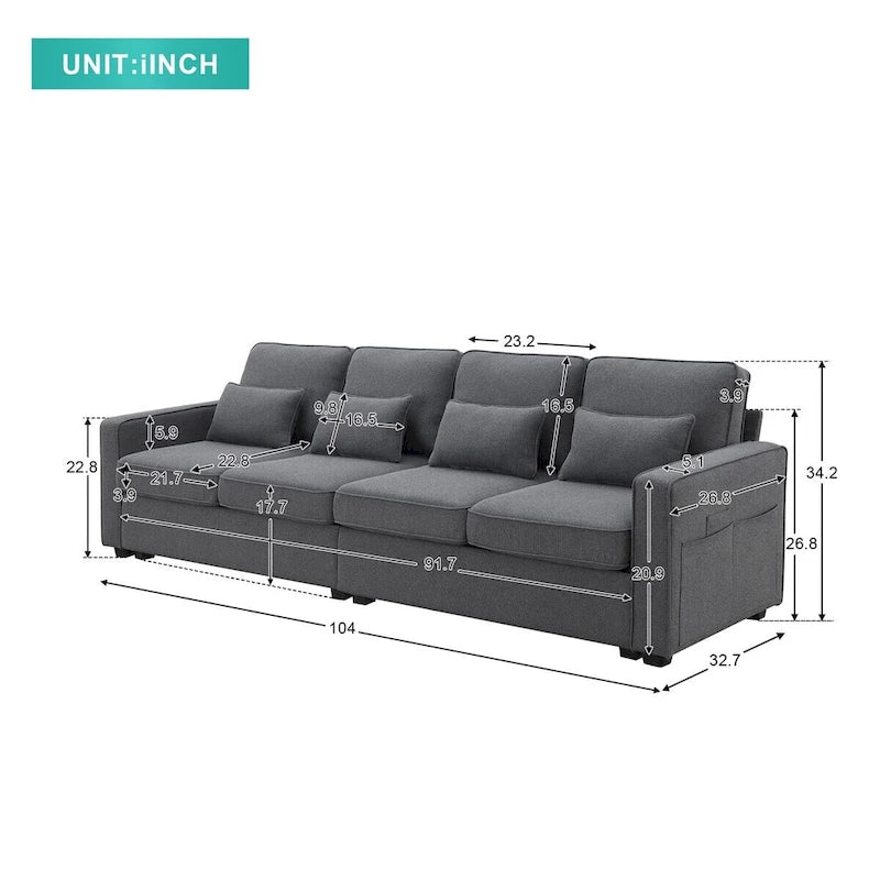 Merax 104  4-Seater Modern Linen Fabric Sofa with Armrest Pockets and 4 Pillows,Minimalist Style Couch