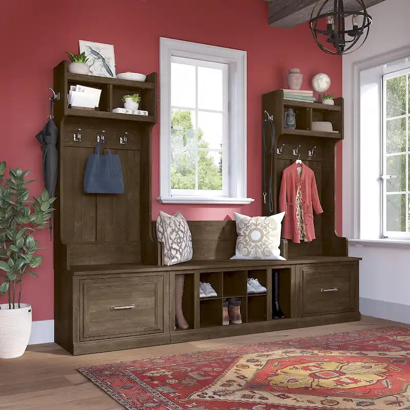 Woodland Hall Trees and Shoe Bench with Drawers by Bush Furniture