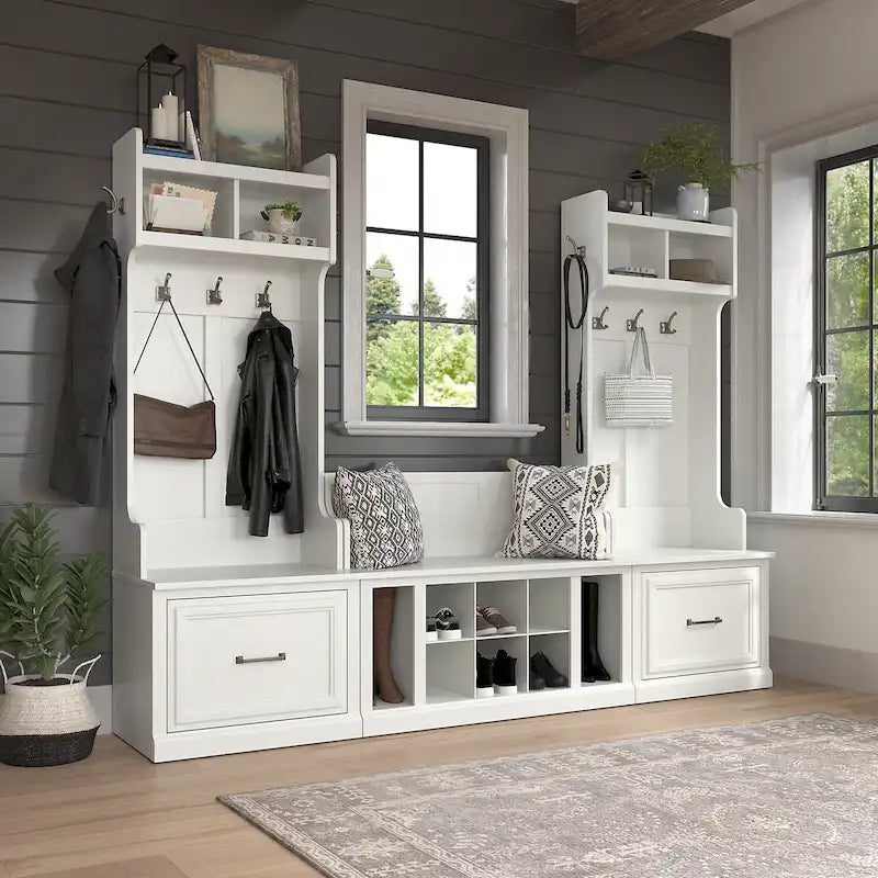Woodland Hall Trees and Shoe Bench with Drawers by Bush Furniture