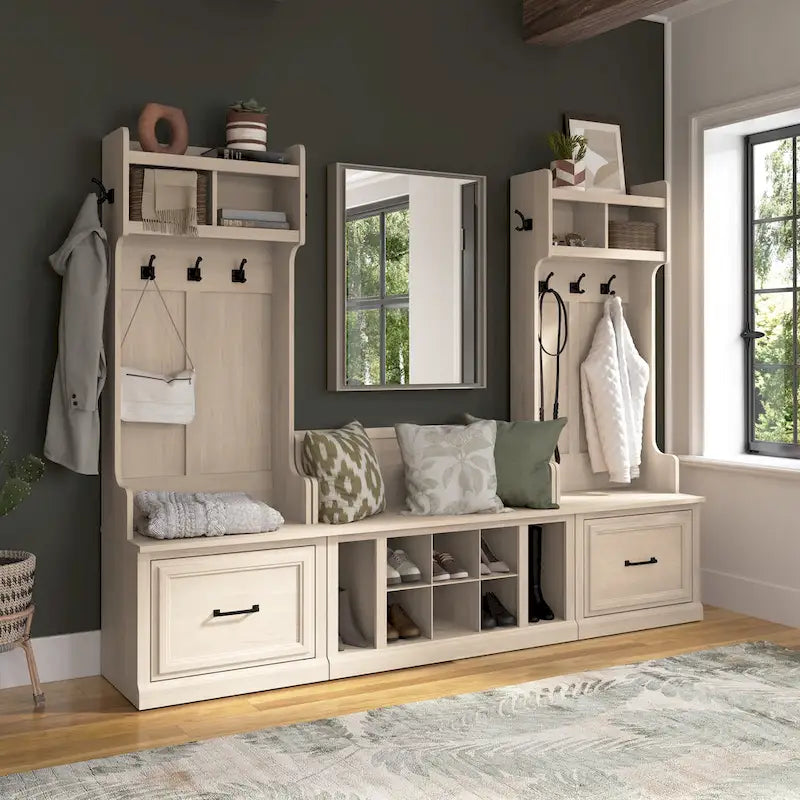Woodland Hall Trees and Shoe Bench with Drawers by Bush Furniture