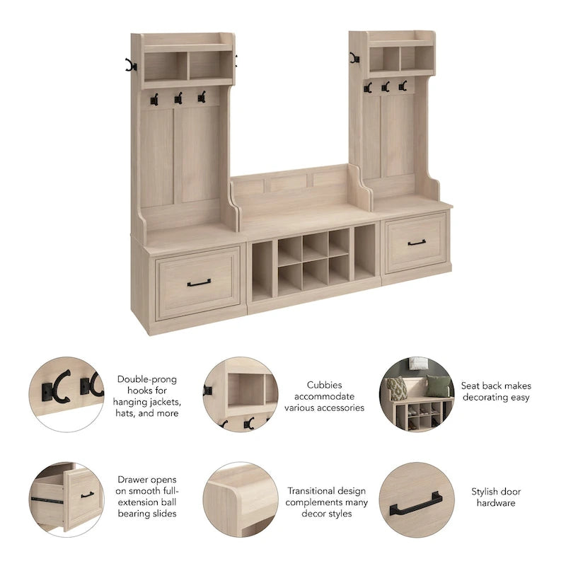 Woodland Hall Trees and Shoe Bench with Drawers by Bush Furniture