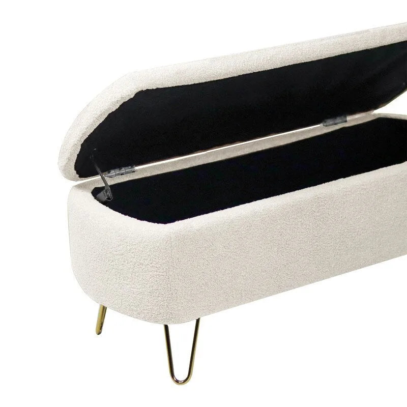 Modern Fuzzy Storage Bench, Upholstered Ottoman with Storage Space and Gold Legs, End of Bed Bench, Footrest Stool