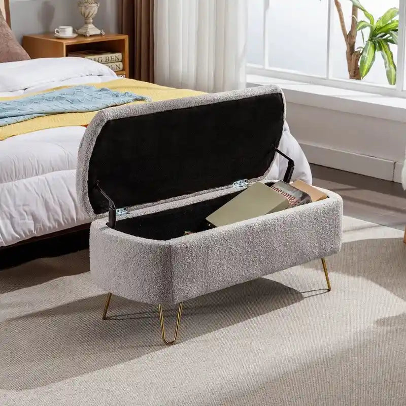 Modern Fuzzy Storage Bench, Upholstered Ottoman with Storage Space and Gold Legs, End of Bed Bench, Footrest Stool