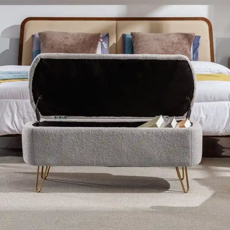 Modern Fuzzy Storage Bench, Upholstered Ottoman with Storage Space and Gold Legs, End of Bed Bench, Footrest Stool