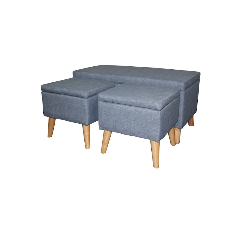 Taupe and Blue Plaid Storage Bench and Ottoman Three Piece Set