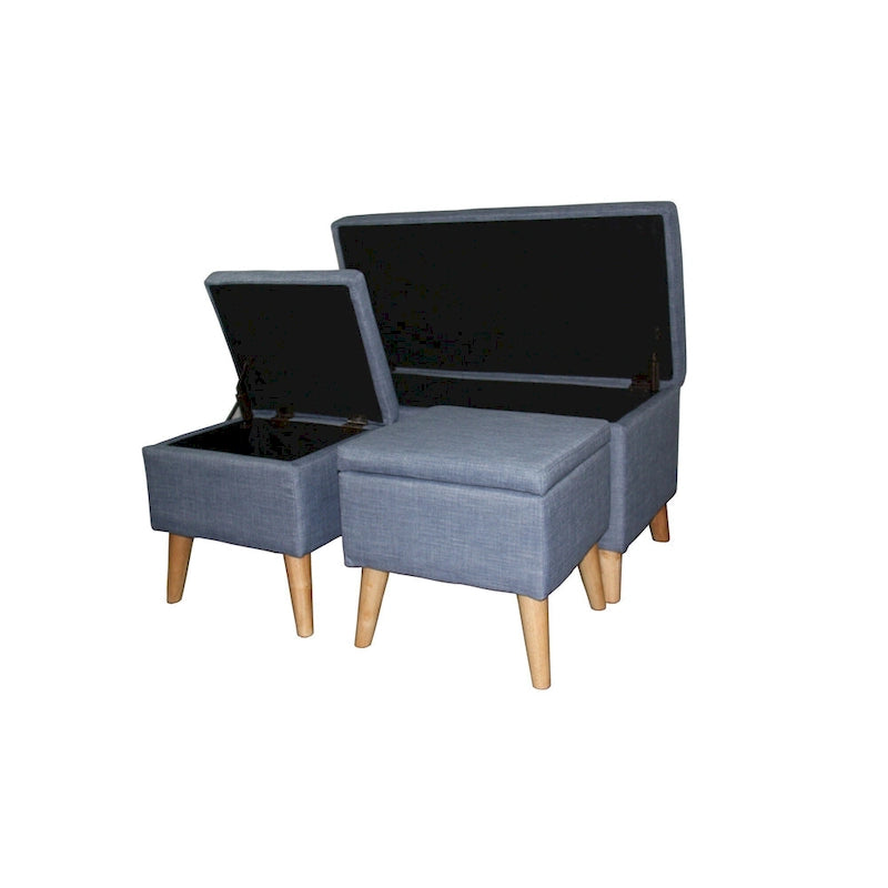 Taupe and Blue Plaid Storage Bench and Ottoman Three Piece Set