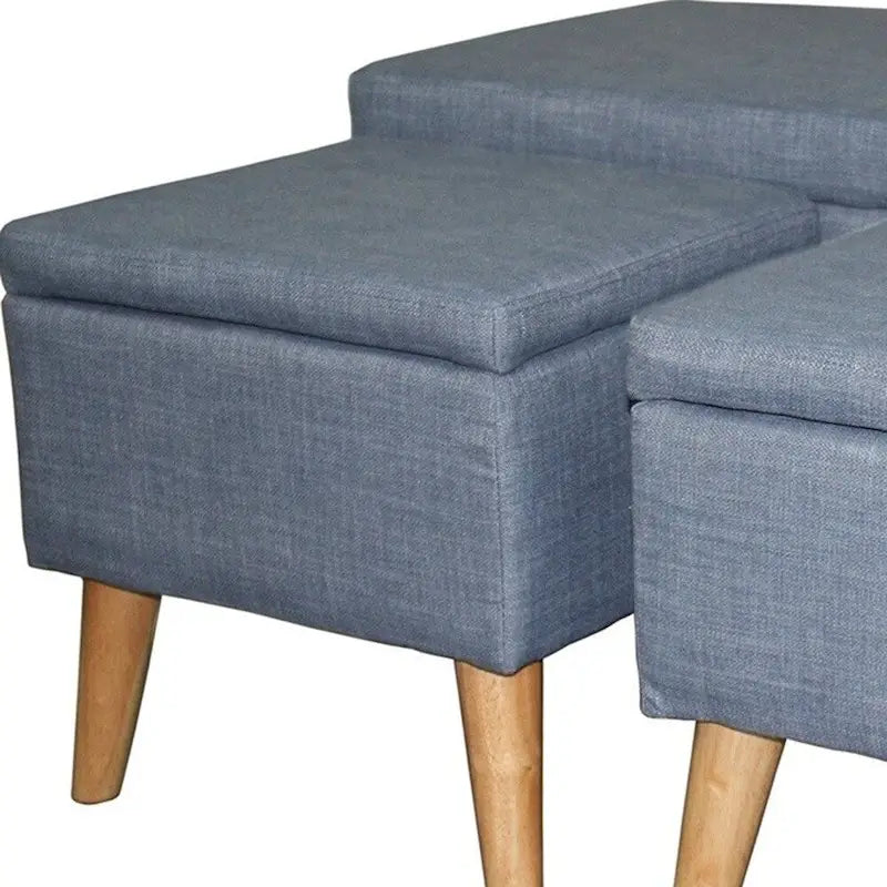 Taupe and Blue Plaid Storage Bench and Ottoman Three Piece Set