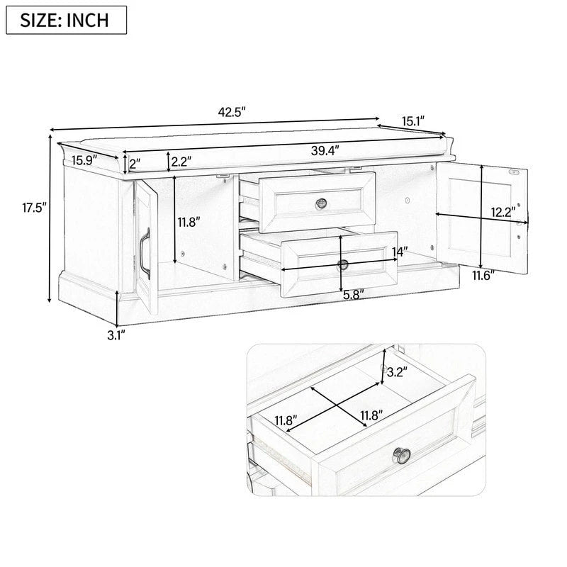 Storage Bench with 2 Drawers and 2 Cabinets