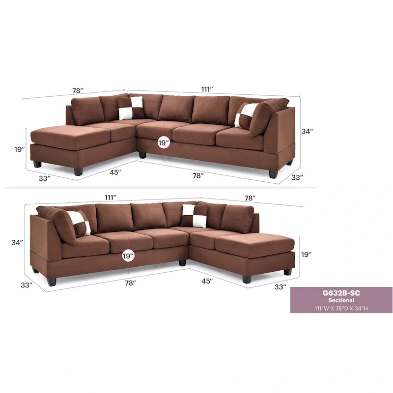 Malone 111 in. Suede 4-Seater Sectional Sofa with 2-Throw Pillow - 111 L x 78 W x 34 H