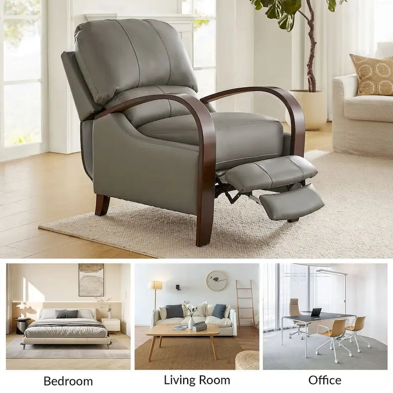 Alex Mid-century Modern Cigar Genuine Leather Manual Recliner with Wooden Curved Arms, Set of 2