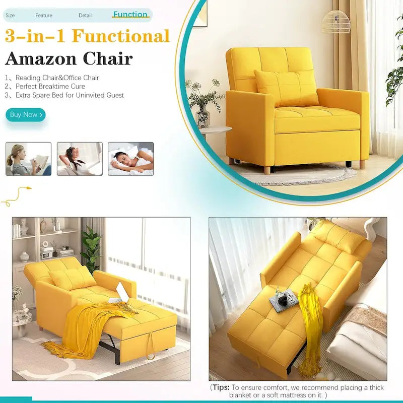 AECOJOY 3 in 1 Sleeper Sofa Chair w/ Pillow &Convertible Backrest