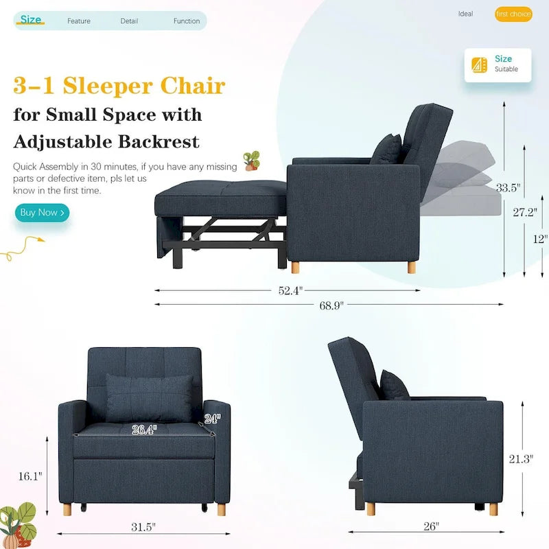 AECOJOY 3 in 1 Sleeper Sofa Chair w/ Pillow &Convertible Backrest