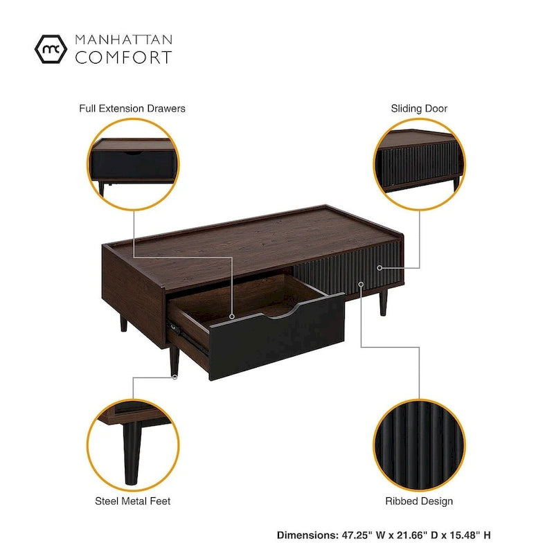 Manhattan Comfort Duane Modern Ribbed Coffee Table with Drawer and Shelf