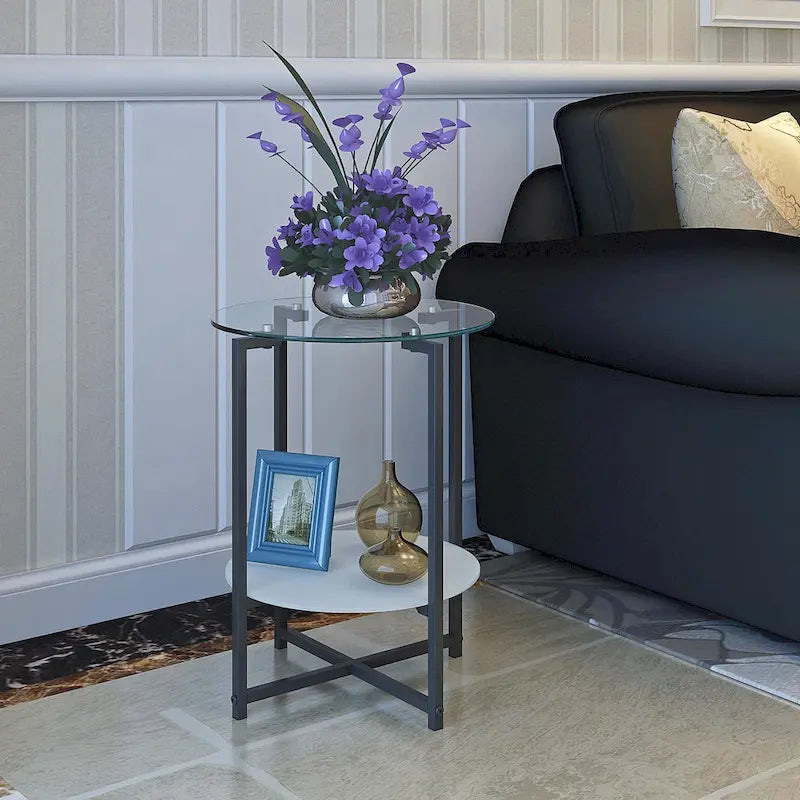 2-layer Round Tempered Glass End Table/Coffee Table with Iron Frame