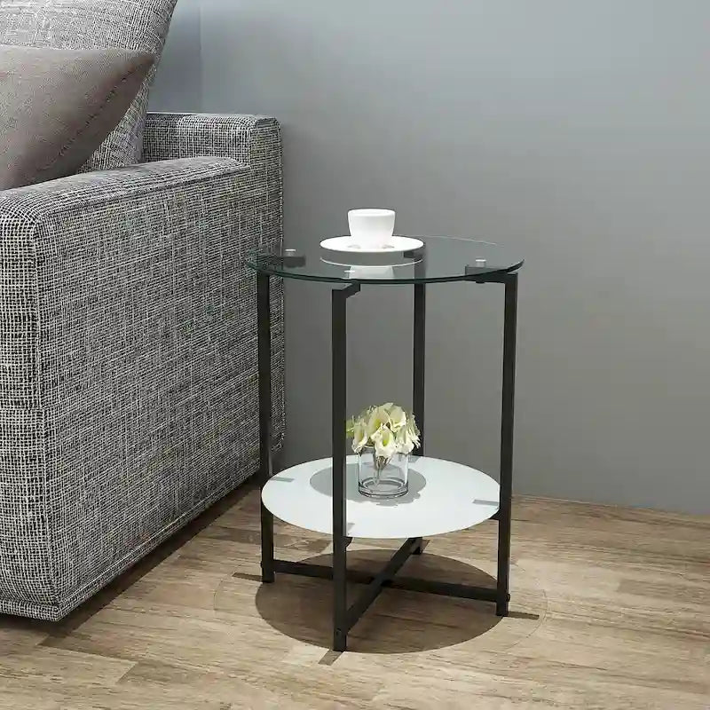 2-layer Round Tempered Glass End Table/Coffee Table with Iron Frame