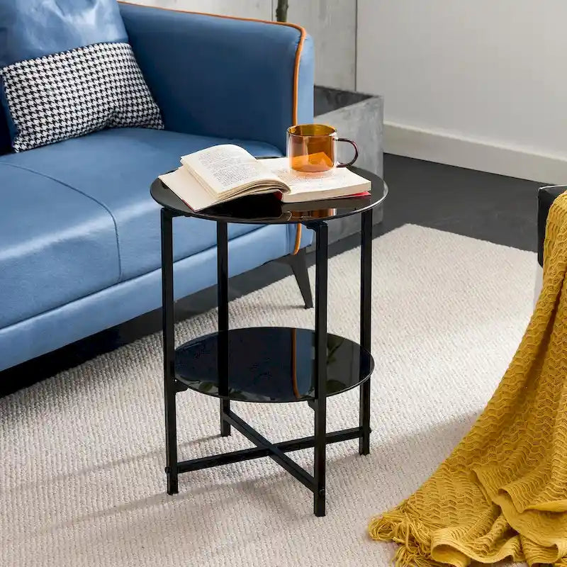 2-layer Round Tempered Glass End Table/Coffee Table with Iron Frame